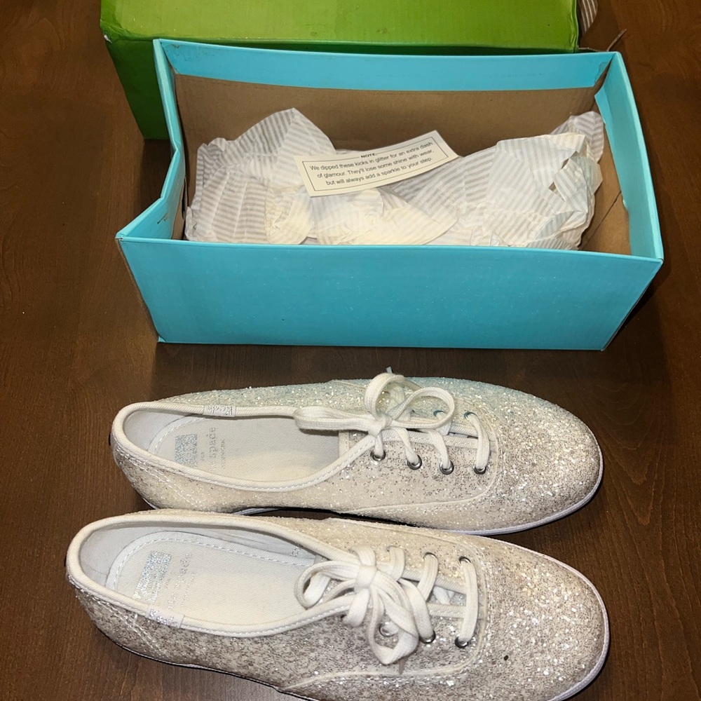 Kate Spade ♠️ Keds White Glitter low top lace Sneakers